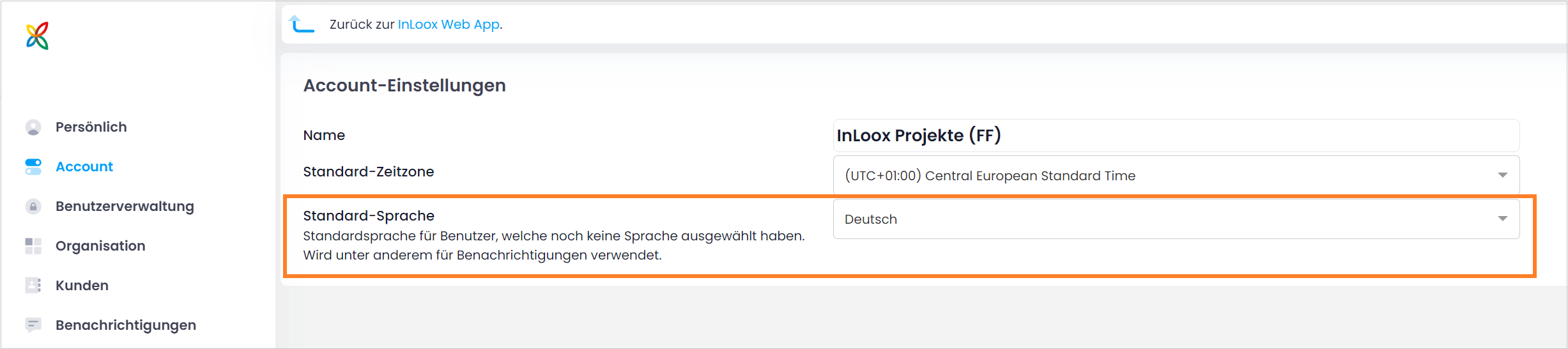InLoox Einstellungen: Standard-Sprache für Account InLoox Einstellungen: Standard-Sprache für Account