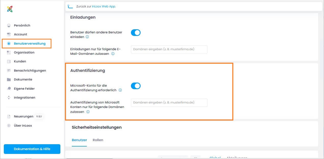InLoox Einstellungen - Verpflichtende MS365 Authentifizierung InLoox Einstellungen - Verpflichtende MS365 Authentifizierung