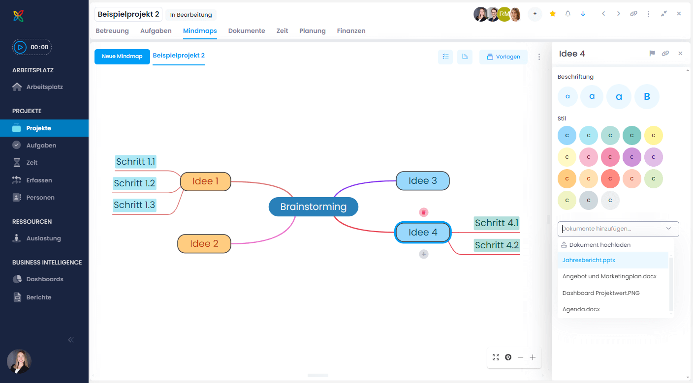 Mindmap in InLoox Web App — Formatierung bearbeiten und Dokumente hinzufügen