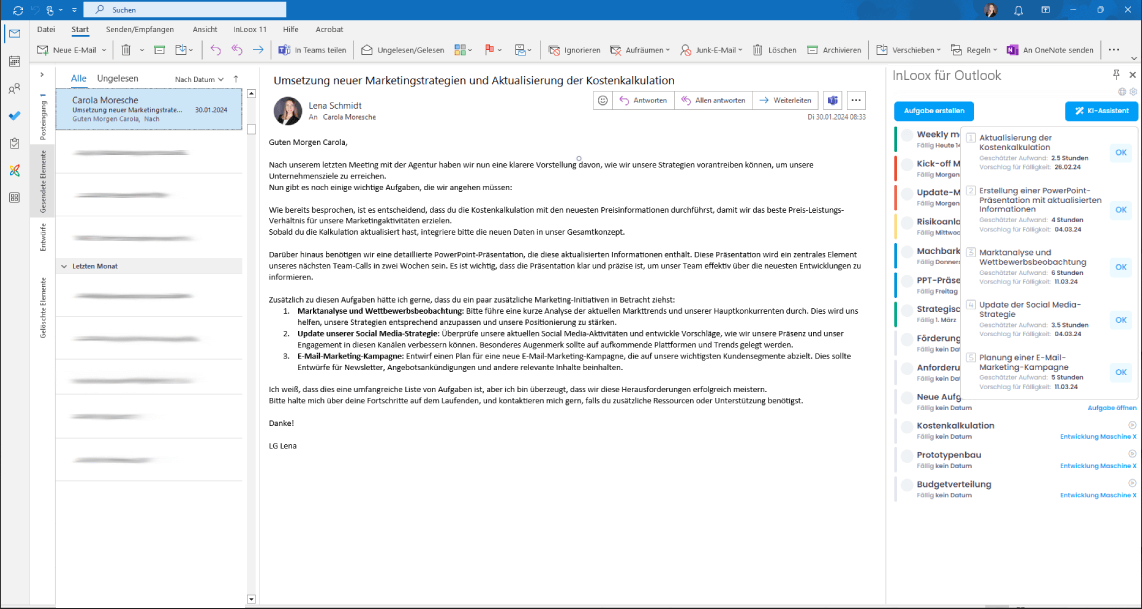 Aufgaben aus E-Mail vorschlagen lassen durch InLoox KI-Assistent