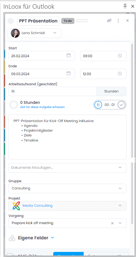Aufgabe bearbeiten im InLoox für Outlook Seitenpanel