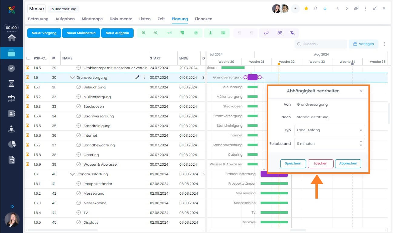Planung: Abhängigkeiten zwischen Vorgängen schnell bearbeiten