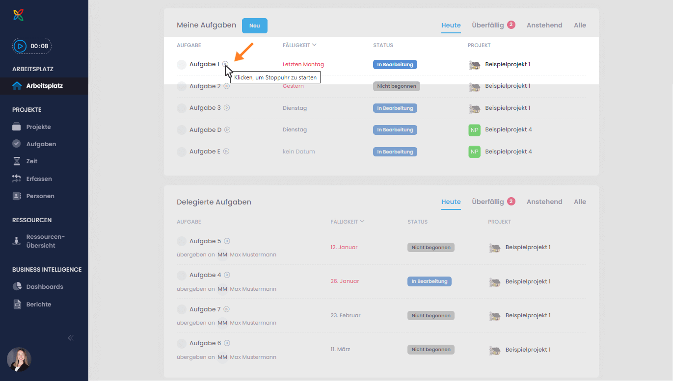 Arbeitsplatz mit Stoppuhr-Funktion