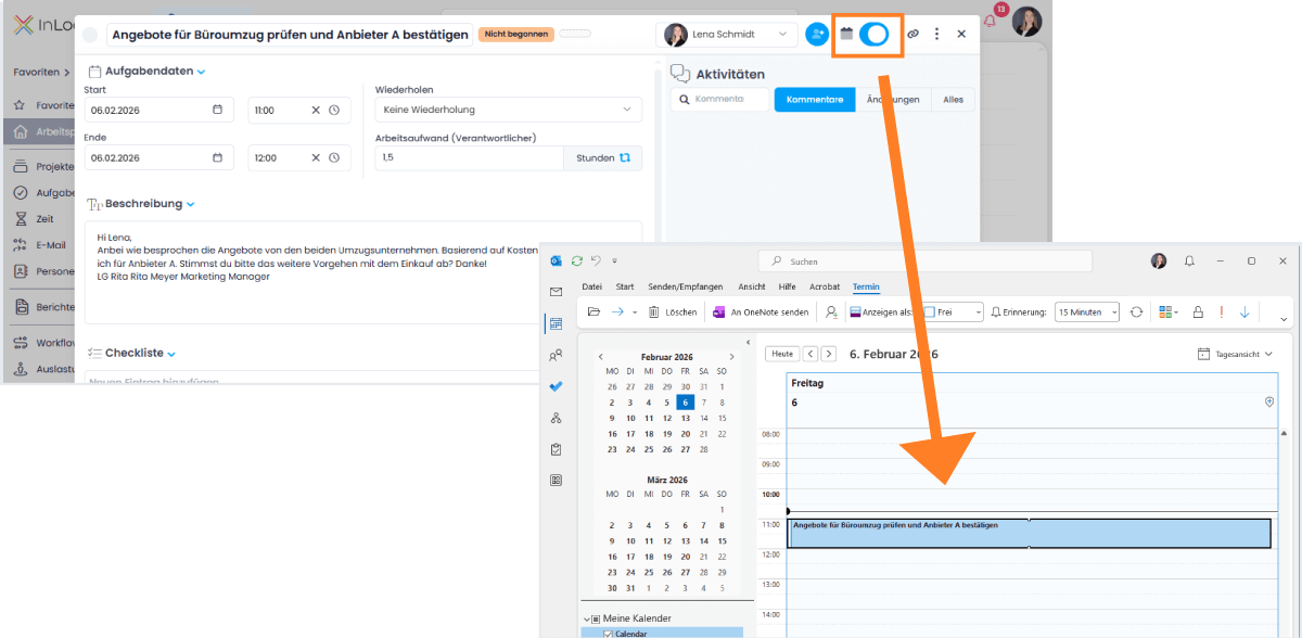InLoox Aufgabe in Outlook Kalender synchronisieren