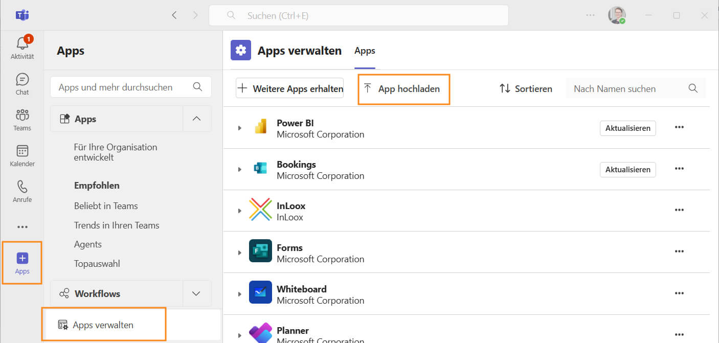 Apps verwalten und InLoox App in Microsoft Teams hochladen