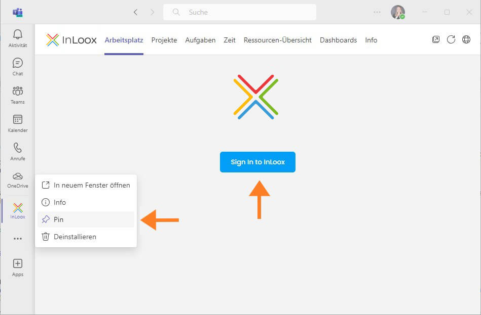 InLoox App anpinnen und anmelden