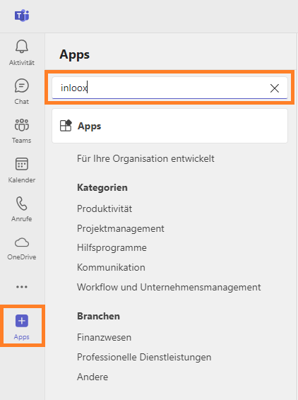 Teams Apps nach InLoox durchsuchen