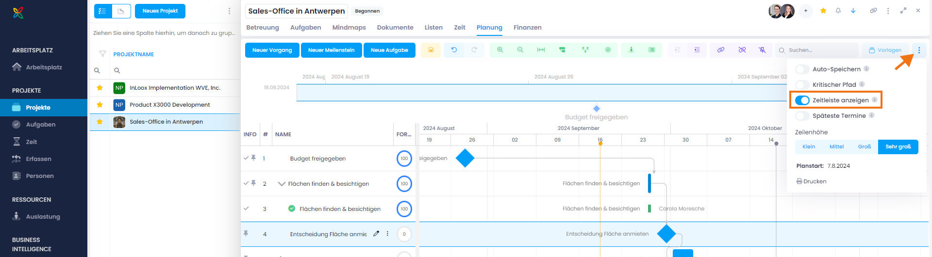 Zeitleiste in der Planung im InLoox Projekt einblenden