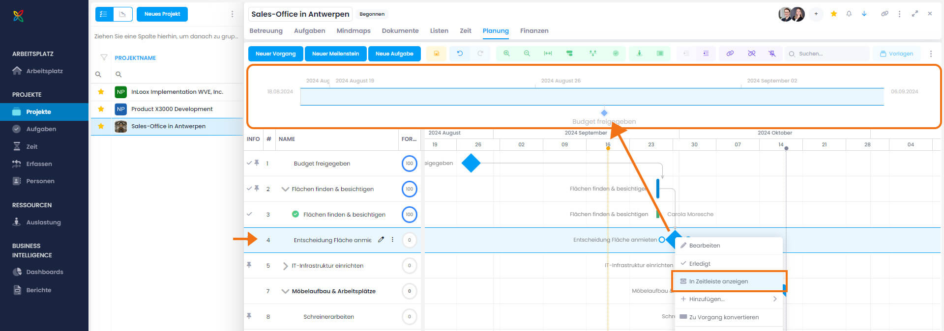 Planungselement an die InLoox Projekt-Zeitleiste anheften
